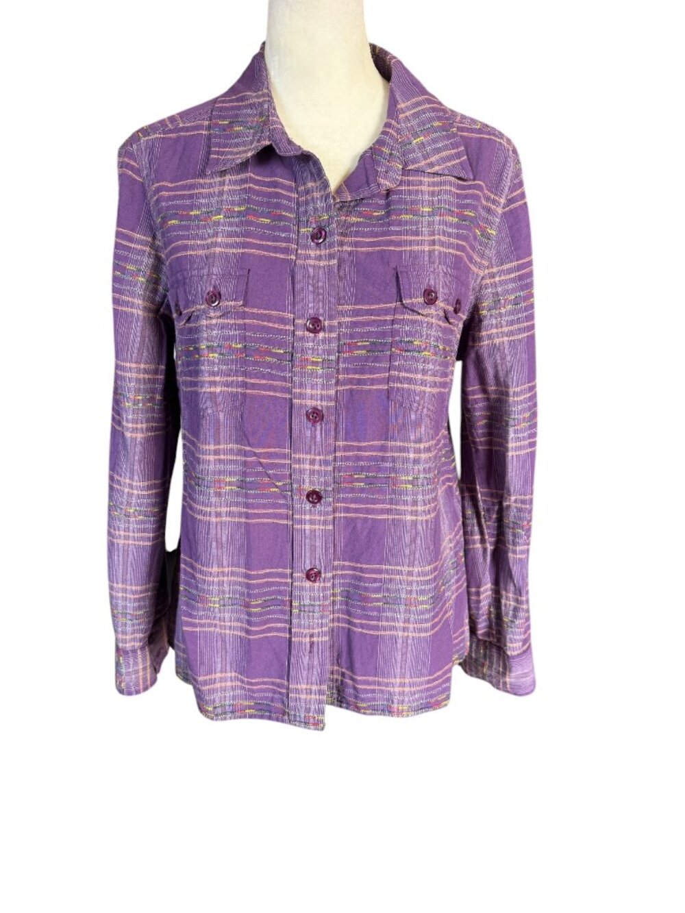 Christopher & Banks Petite purple long sleeve collared button down blouse PM